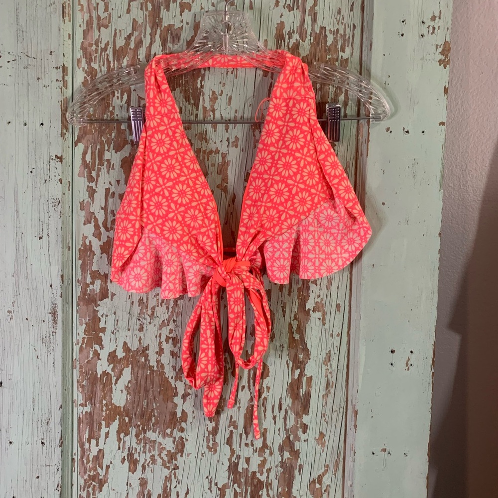 Women’s Aerie coral floral ruffle halter bikini top